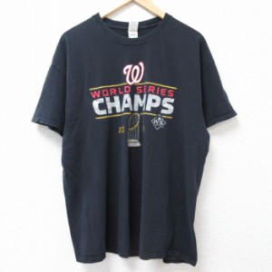 古着 半袖 Tシャツ メンズ MLB ワシントンナショナルズ コットン クルーネック 黒 ブラック メジャーリーグ ベースボール 野球 中古 古着