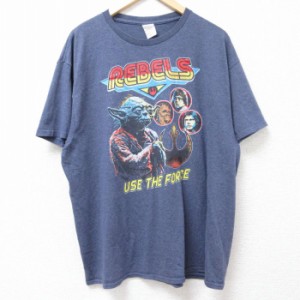 古着 半袖 Tシャツ メンズ スターウォーズ STAR WARS ヨーダ クルーネック 紺 ネイビー 霜降り XLサイズ 中古 中古 古着