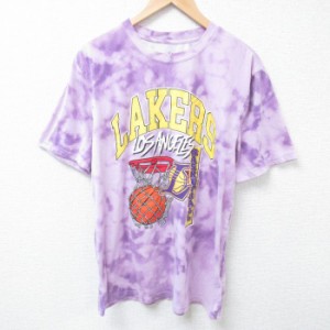 古着 半袖 Tシャツ メンズ NBA ロサンゼルスレイカーズ クルーネック 薄紫他 パープル タイダイ バスケットボール Lサイズ 中 中古 古着