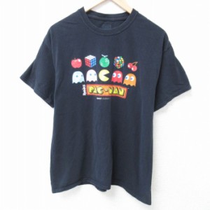 古着 半袖 Tシャツ メンズ ゲーム バンダイ ナムコ パックマン コットン クルーネック 黒 ブラック Lサイズ 中古 中古 古着