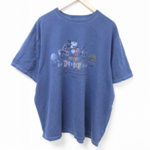 古着 半袖 Tシャツ メンズ ディズニー DISNEY ミッキー MICKEY MOUSE 大きいサイズ コットン クルーネック 紺 ネイビー XLサイ 中古 古着