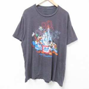 古着 半袖 Tシャツ メンズ ディズニー DISNEY ミッキー MICKEY MOUSE ドナルドダック 大きいサイズ クルーネック 濃グレー 霜 中古 古着