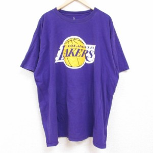 古着 半袖 Tシャツ メンズ NBA ロサンゼルスレイカーズ 大きいサイズ ロング丈 コットン クルーネック 紫 パープル バスケット 中古 古着