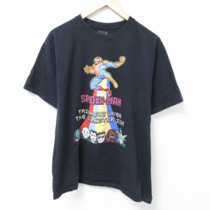 古着 半袖 Tシャツ メンズ マーベル スパイダーマン コットン クルーネック 黒 ブラック Lサイズ 中古 中古 古着