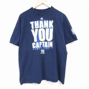 古着 マジェスティック 半袖 Tシャツ メンズ MLB ニューヨークヤンキース デレクジータ コットン クルーネック 紺 ネイビー メ 中古 古着