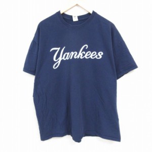 古着 半袖 Tシャツ メンズ MLB ニューヨークヤンキース 大きいサイズ コットン クルーネック 紺 ネイビー メジャーリーグ ベー 中古 古着