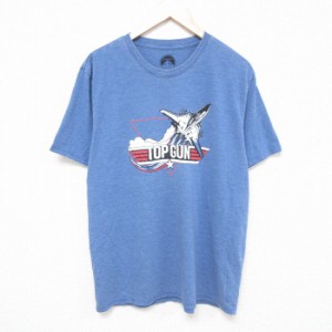 古着 ラッキーブランド Lucky Brand 半袖 Tシャツ メンズ 映画 トップガン 戦闘機 クルーネック 青系 ブルー 霜降り Lサイズ  中古 古着