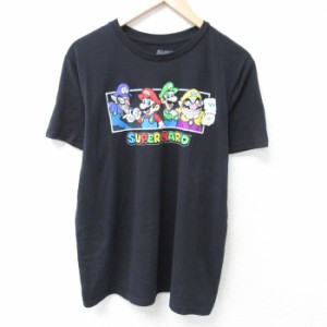 古着 半袖 Tシャツ メンズ ゲーム ニンテンドー スーパーマリオブラザーズ クルーネック 黒 ブラック XLサイズ 中古 中古 古着