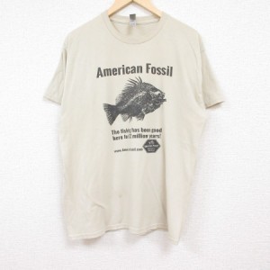 古着 半袖 Tシャツ メンズ 魚 クルーネック ベージュ カーキ Lサイズ 中古 中古 古着