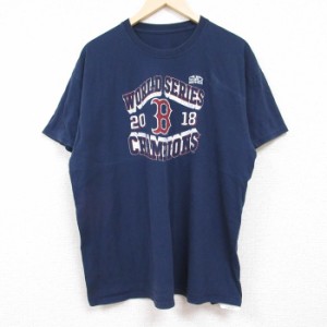 古着 半袖 Tシャツ メンズ MLB ボストンレッドソックス コットン クルーネック 濃紺 ネイビー メジャーリーグ ベースボール 野 中古 古着