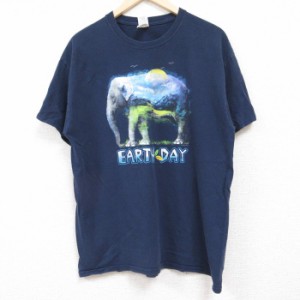 古着 半袖 Tシャツ メンズ ゾウ EARTH DAY コットン クルーネック 濃紺 ネイビー Lサイズ 中古 中古 古着