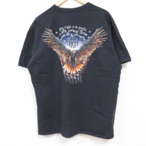 古着 半袖 Tシャツ メンズ 鳥 星条旗 コットン クルーネック 黒 ブラック XLサイズ 中古 中古 古着