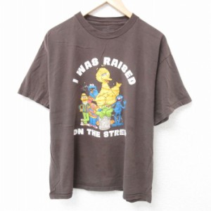 古着 半袖 Tシャツ メンズ セサミストリート ビッグバード クッキーモンスター コットン クルーネック こげ茶 ブラウン XLサイ 中古 古着