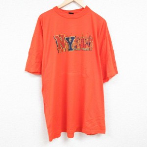 古着 半袖 Tシャツ メンズ ニューヨーク 大きいサイズ ロング丈 コットン クルーネック オレンジ XLサイズ 中古 中古 古着