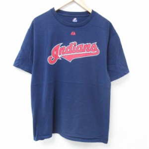 古着 マジェスティック 半袖 Tシャツ メンズ MLB クリーブランドインディアンズ コットン クルーネック 紺 ネイビー メジャー 中古 古着