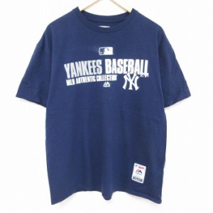 古着 マジェスティック 半袖 Tシャツ メンズ MLB ニューヨークヤンキース クルーネック 紺 ネイビー メジャーリーグ ベースボ 中古 古着