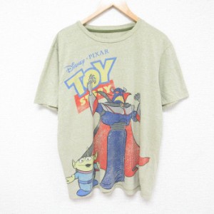 古着 半袖 Tシャツ メンズ ディズニー DISNEY ピクサー トイストーリー クルーネック 黄緑 霜降り XLサイズ 中古 中古 古着