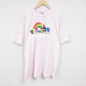 古着 半袖 Tシャツ メンズ サンリオ ハローキティ バッドばつ丸 大きいサイズ ロング丈 コットン クルーネック 薄ピンク spe X 中古 古着