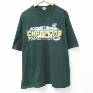 古着 半袖 Tシャツ メンズ NFL グリーンベイパッカーズ 大きいサイズ ロング丈 コットン クルーネック 濃緑 グリーン アメフト 中古 古着