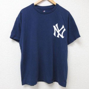 古着 マジェスティック 半袖 Tシャツ メンズ MLB ニューヨークヤンキース ベーブルース 3 コットン クルーネック 紺 ネイビー  中古 古着