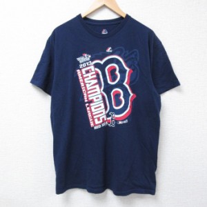 古着 マジェスティック 半袖 Tシャツ メンズ MLB ボストンレッドソックス コットン クルーネック 紺 ネイビー メジャーリーグ  中古 古着