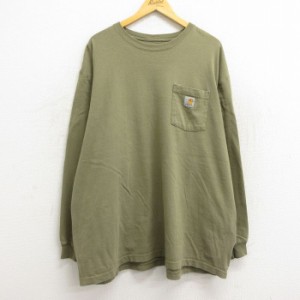 古着 カーハート Carhartt 長袖 Tシャツ メンズ 胸ポケット付き 大きいサイズ ロング丈 コットン クルーネック 濃緑 グリーン  中古 古着