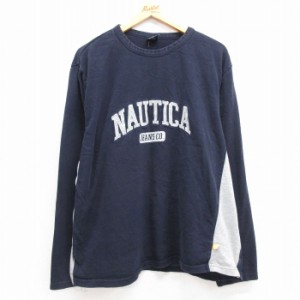 古着 ノーティカ NAUTICA 長袖 ブランド Tシャツ メンズ ビッグロゴ ツートンカラー 大きいサイズ コットン クルーネック 紺他 中古 古着