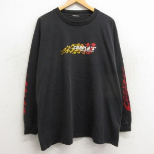 古着 長袖 ビンテージ Tシャツ メンズ 90年代 90s CABELAS ファイヤーパターン 大きいサイズ クルーネック 黒 ブラック XLサイ 中古 古着