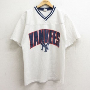 古着 半袖 ビンテージ フットボール Tシャツ メンズ 90年代 90s MLB ニューヨークヤンキース メッシュ地 Vネック USA製 白他  中古 古着