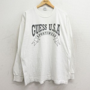 古着 ゲス GUESS 長袖 ビンテージ Tシャツ メンズ 90年代 90s ビッグロゴ 大きいサイズ コットン クルーネック USA製 白 ホワ 中古 古着