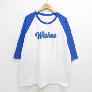 古着 7分袖 Tシャツ メンズ Wishes 10 大きいサイズ コットン ラグラン クルーネック 白他 ホワイト XLサイズ 中古 7分丈 七分 中古 古着