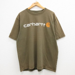 古着 カーハート Carhartt 半袖 ブランド Tシャツ メンズ ビッグロゴ 大きいサイズ コットン クルーネック 濃緑系 グリーン XL 中古 古着