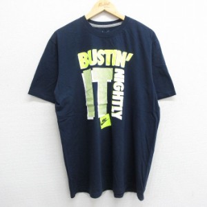 古着 ナイキ NIKE 半袖 ブランド Tシャツ メンズ ワンポイントロゴ BUSTIN IT コットン クルーネック 紺 ネイビー XLサイズ 中 中古 古着