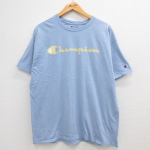 古着 チャンピオン champion 半袖 ブランド Tシャツ メンズ ビッグロゴ クルーネック 水色 XLサイズ 中古 中古 古着