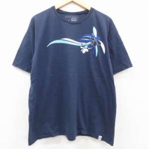 古着 ナイキ NIKE 半袖 ブランド Tシャツ メンズ ハイビスカス 大きいサイズ コットン クルーネック 紺 ネイビー XLサイズ 中 中古 古着