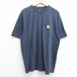 古着 カーハート Carhartt 半袖 ブランド Tシャツ メンズ 胸ポケット付き 大きいサイズ 紺 ネイビー 霜降り XLサイズ 中古 中古 古着