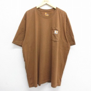 古着 カーハート Carhartt 半袖 ブランド Tシャツ メンズ 胸ポケット付き ロング丈 大きいサイズ クルーネック 茶 ブラウン 霜 中古 古着