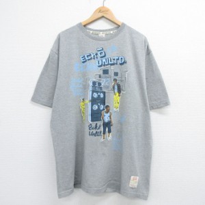 古着 エコー 半袖 ブランド Tシャツ メンズ スピーカー ストリート 大きいサイズ ロング丈 クルーネック グレー 霜降り XLサイ 中古 古着