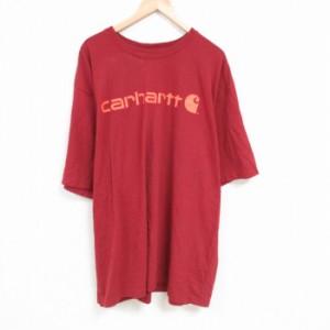 古着 カーハート Carhartt 半袖 ブランド Tシャツ メンズ ビッグロゴ 大きいサイズ ロング丈 クルーネック エンジ XLサイズ 中 中古 古着