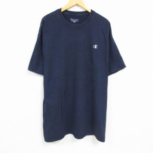 古着 チャンピオン Champion 半袖 ブランド Tシャツ メンズ ワンポイントロゴ 大きいサイズ ロング丈 クルーネック 紺 ネイビ 中古 古着