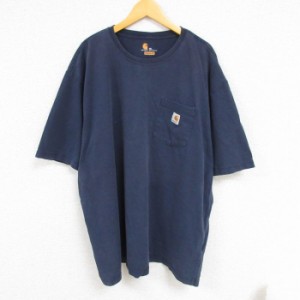 古着 カーハート Carhartt 半袖 ブランド Tシャツ メンズ 胸ポケット付き 大きいサイズ コットン クルーネック 紺 ネイビー XL 中古 古着