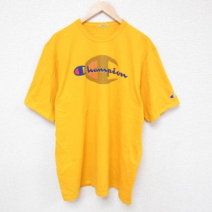 古着 チャンピオン Champion 半袖 ブランド Tシャツ メンズ ビッグロゴ 大きいサイズ クルーネック 濃黄 イエロー XLサイズ 中 中古 古着