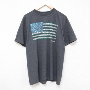 古着 コロンビア COLUMBIA Columbia 半袖 ブランド Tシャツ メンズ 星条旗 クルーネック 濃グレー 霜降り XLサイズ 中古 中古 古着