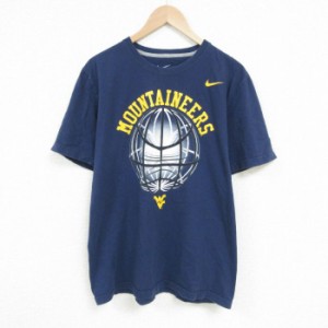 古着 ナイキ NIKE 半袖 ブランド Tシャツ メンズ ウエストバージニア大学 マウンテニアーズ コットン クルーネック 紺 ネイビ 中古 古着