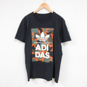 古着 アディダス adidas 半袖 ブランド Tシャツ メンズ ビッグロゴ リーフ トレフォイル クルーネック 黒 ブラック Lサイズ 中 中古 古着