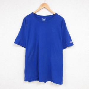 古着 チャンピオン Champion 半袖 ブランド Tシャツ メンズ ワンポイントロゴ 大きいサイズ コットン クルーネック 青 ブルー  中古 古着