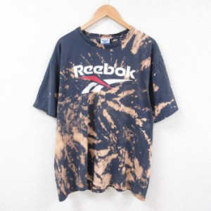 古着 リーボック REEBOK 半袖 ブランド Tシャツ メンズ ビッグロゴ 大きいサイズ コットン クルーネック 紺 ネイビー ブリーチ 中古 古着