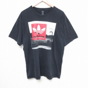 古着 アディダス adidas 半袖 ブランド Tシャツ メンズ ビッグロゴ リーフ トレフォイル クルーネック 黒 ブラック Lサイズ 中 中古 古着