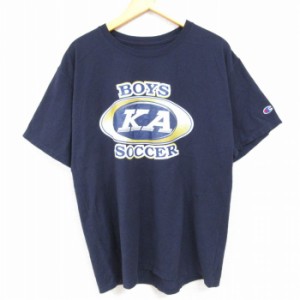 古着 チャンピオン Champion 半袖 ブランド Tシャツ メンズ BOYS サッカー KA コットン クルーネック 紺 ネイビー Lサイズ 中 中古 古着