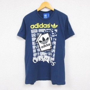 古着 アディダス adidas 半袖 ブランド Tシャツ メンズ ビッグロゴ リーフ トレフォイル クルーネック 紺 ネイビー Lサイズ 中 中古 古着